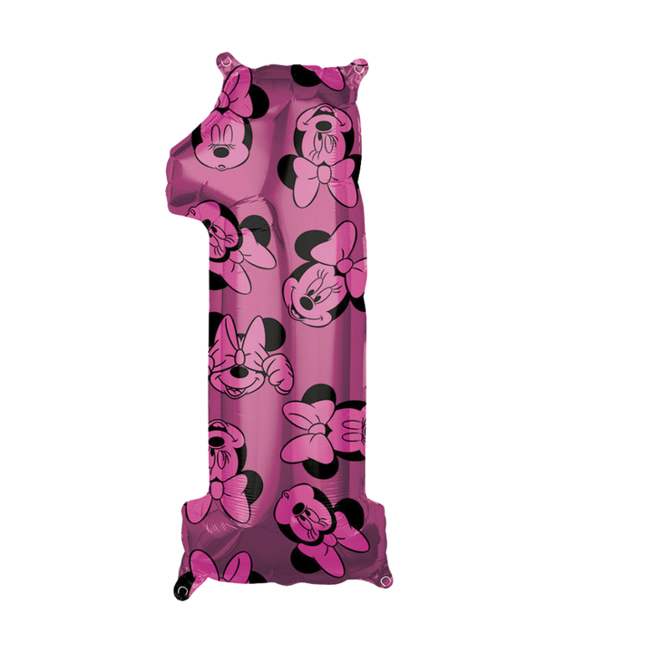 Pink 26in Minnie Mouse number 1 foil balloon for birthday parties from Parte Haus party supply store in Bethesda, MD.