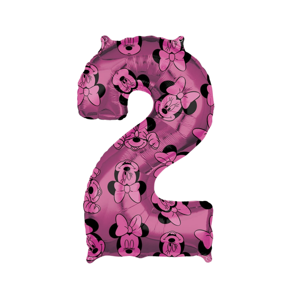 Pink number two foil balloon featuring Minnie Mouse design birthday from Parte Haus party supply store in Bethesda MD