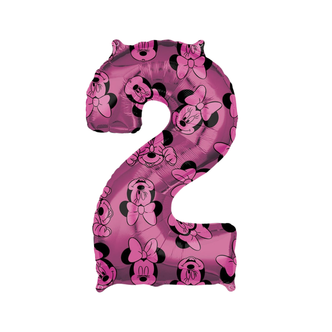 Pink number two foil balloon featuring Minnie Mouse design birthday from Parte Haus party supply store in Bethesda MD