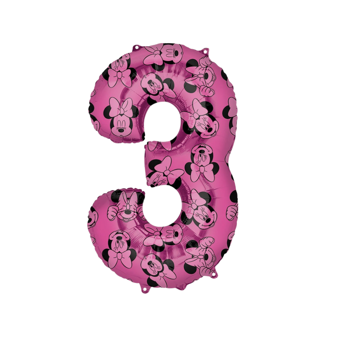 Pink 26in Minnie Mouse number 3 foil balloon for birthday parties from Parte Haus party supply store in Bethesda, Maryland.