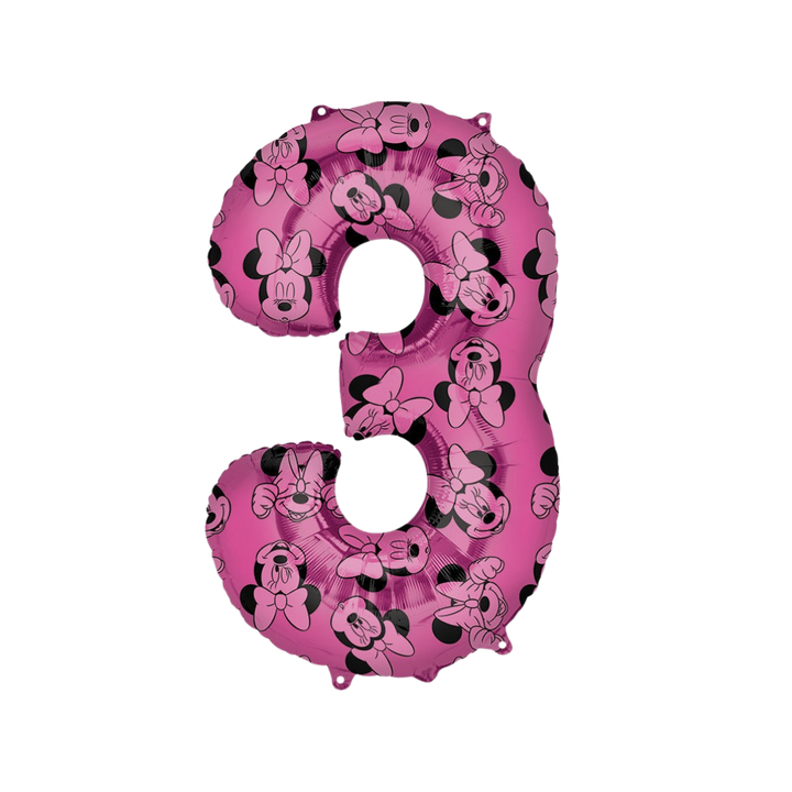 Pink 26in Minnie Mouse number 3 foil balloon for birthday parties from Parte Haus party supply store in Bethesda, Maryland.