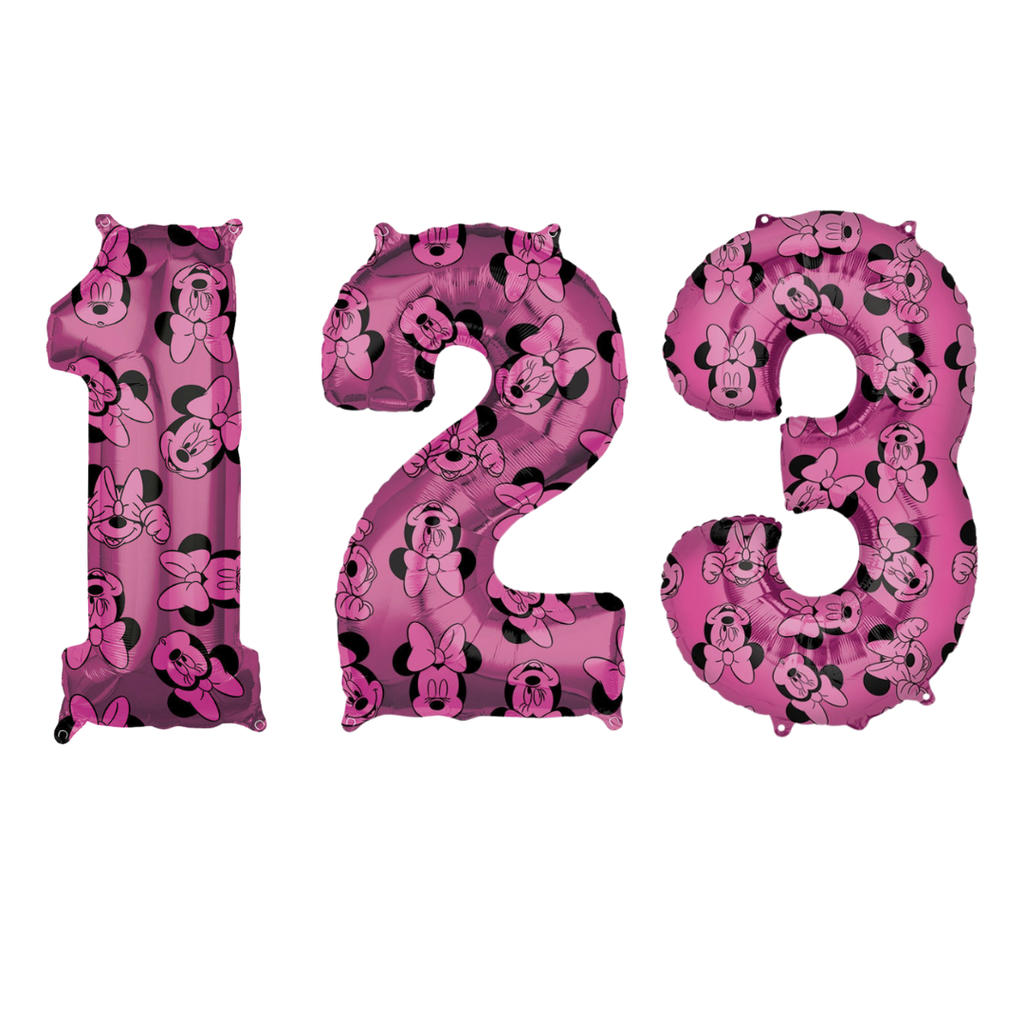 Pink Minnie Mouse number foil balloon with cartoon faces birthday theme from Parte Haus party supply store in Bethesda MD