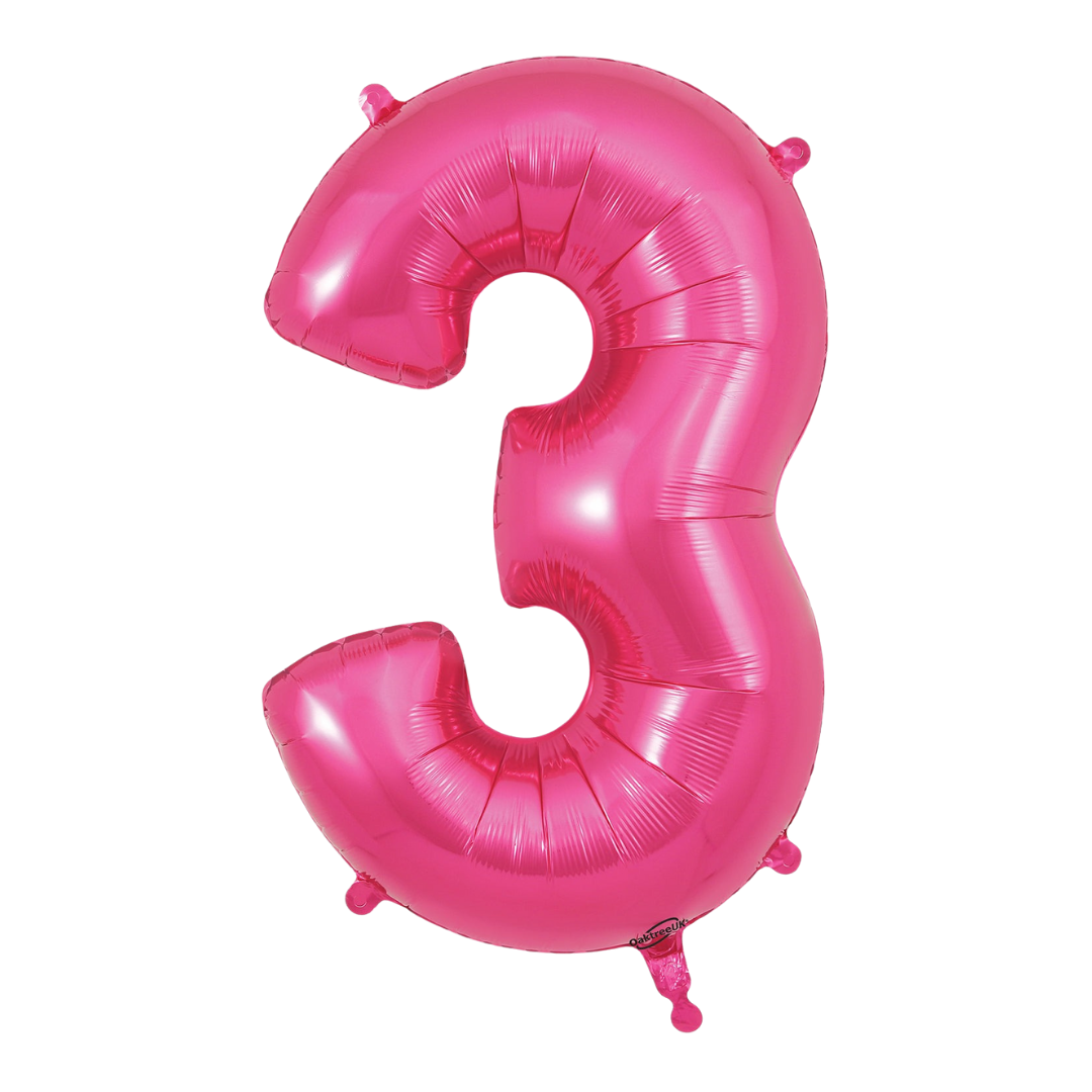 Pink 34in number 3 foil balloon for birthday parties from Parte Haus party supply store in Bethesda, Maryland.