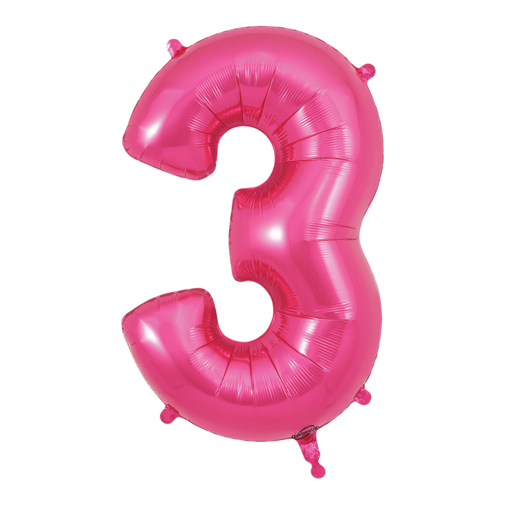 Pink 34in number 3 foil balloon for birthday parties from Parte Haus party supply store in Bethesda, Maryland.