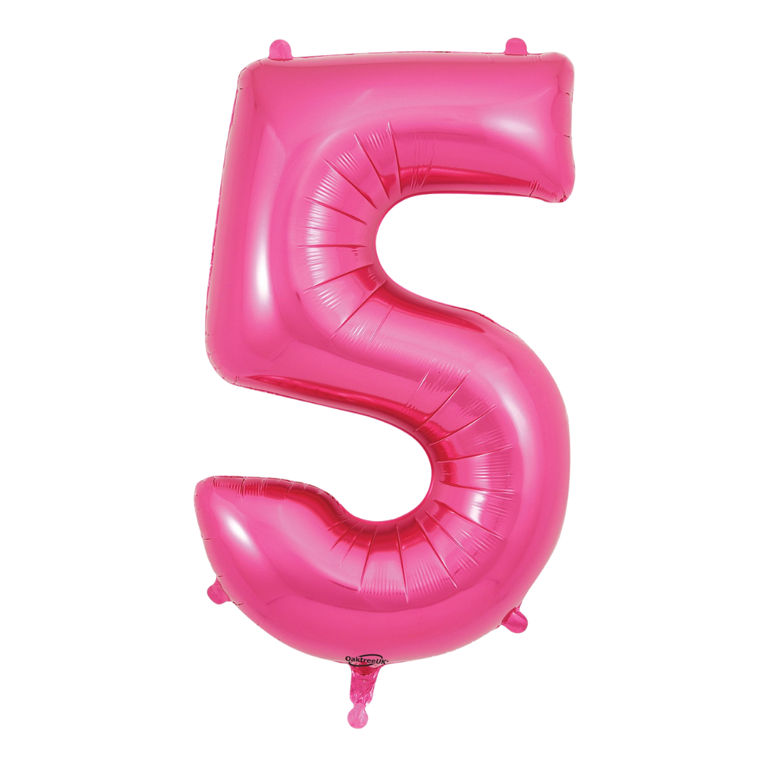 Pink 34in number 5 foil balloon for birthday parties from Parte Haus party supply store in Bethesda, Maryland.