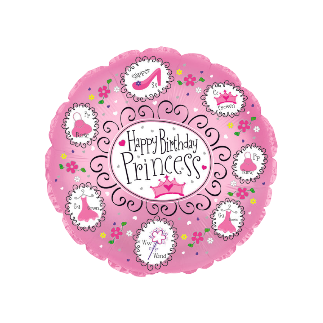 Pink 18in princess Happy Birthday foil balloon with royal icons for birthday parties – from Parte Haus party supply store in Bethesda, Maryland.