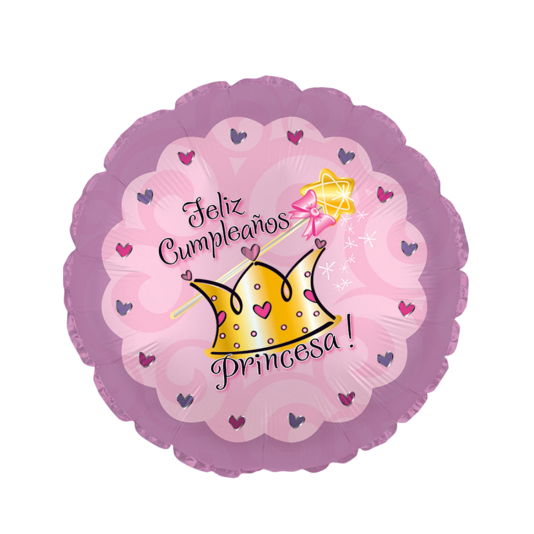 17in pink and purple Feliz Cumpleaños Princesa foil balloon with crown and wand – from Parte Haus party supply store in Bethesda, Maryland.