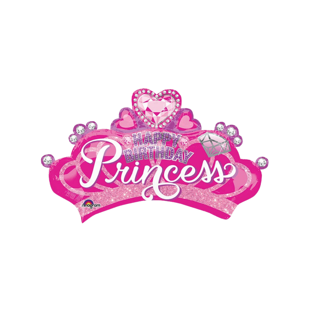 Pink purple princess crown foil balloon with happy birthday text birthday theme from Parte Haus party supply store in Bethesda Maryland