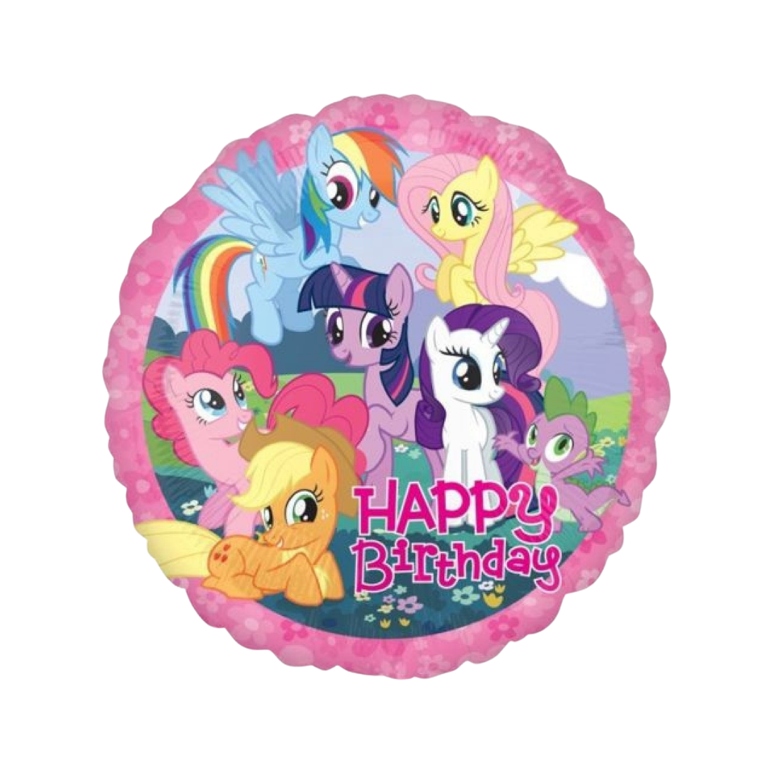 18in pink and purple My Little Pony Happy Birthday foil balloon with characters – from Parte Haus party supply store in Bethesda, MD.