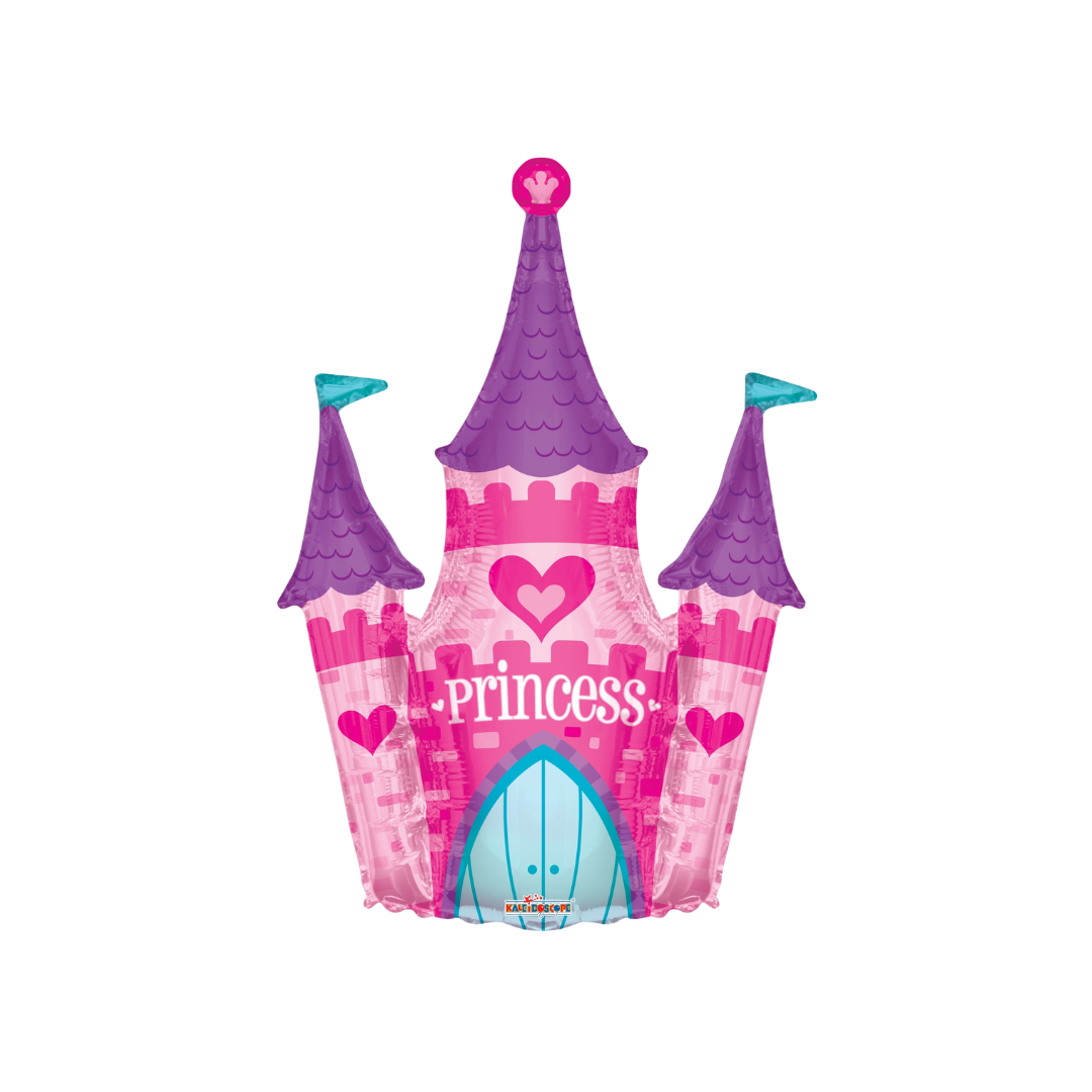 Pink and purple 36in princess castle foil balloon for birthday parties – from Parte Haus party supply store in Bethesda, Maryland.