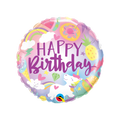 Pink purple unicorn foil balloon with rainbows and happy birthday theme from Parte Haus party supply store in Bethesda MD