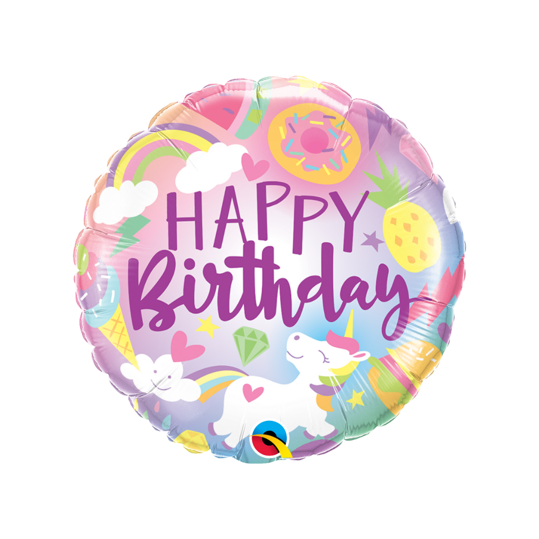 Pink purple unicorn foil balloon with rainbows and happy birthday theme from Parte Haus party supply store in Bethesda MD