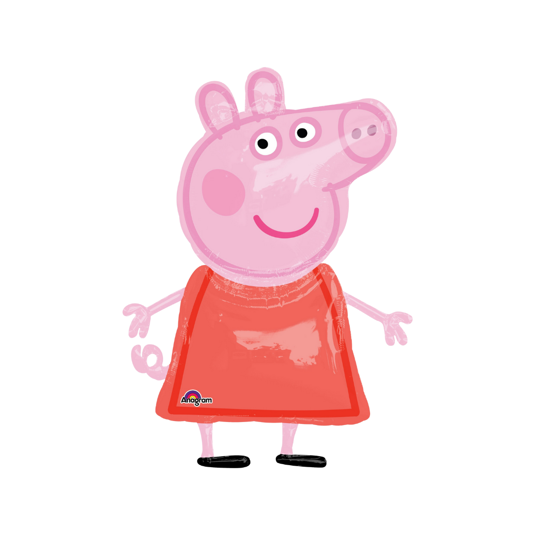 Pink red Peppa Pig foil balloon featuring cartoon pig birthday theme from Parte Haus party supply store in Bethesda MD.