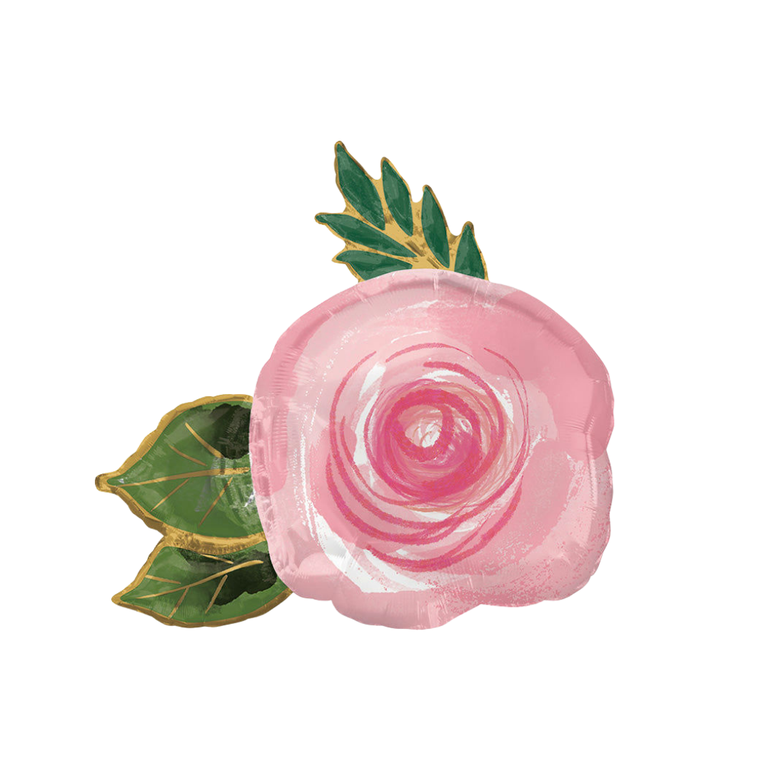 Pink 30in rose foil balloon with green leaves for floral birthday parties – from Parte Haus party supply store in Bethesda, Maryland.