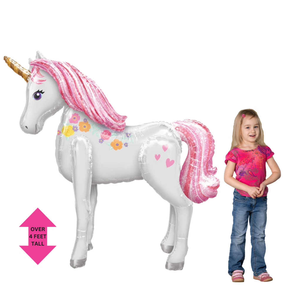 Pink white unicorn foil balloon with gold horn for birthday from Parte Haus party supply store in Bethesda Maryland