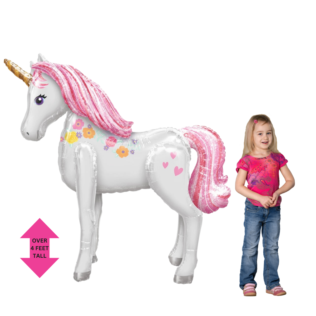 Pink and white 46in unicorn airwalker foil balloon with gold horn for birthday parties from Parte Haus in Bethesda, Maryland.