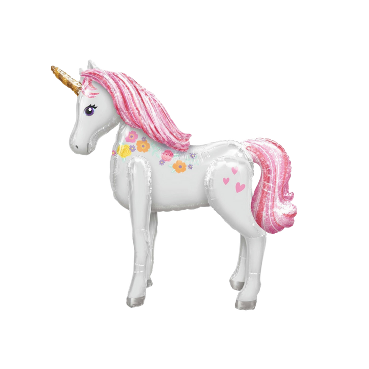 Life-size 46in pink and white unicorn airwalker foil balloon with floral accents for birthday parties from Parte Haus in Bethesda, MD.