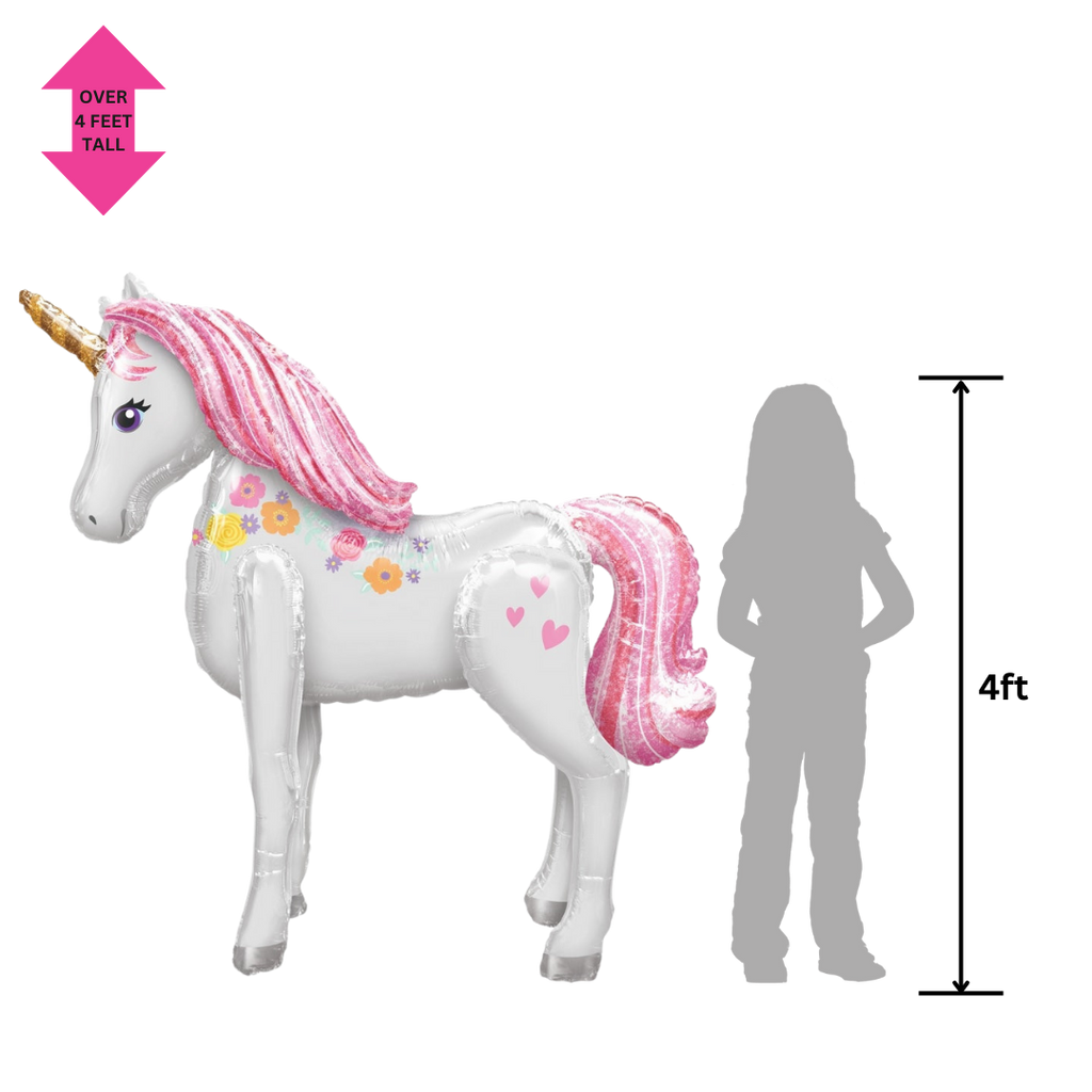 Pink white unicorn airwalker foil balloon with hearts and flowers birthday theme from Parte Haus party supply store in Bethesda Maryland