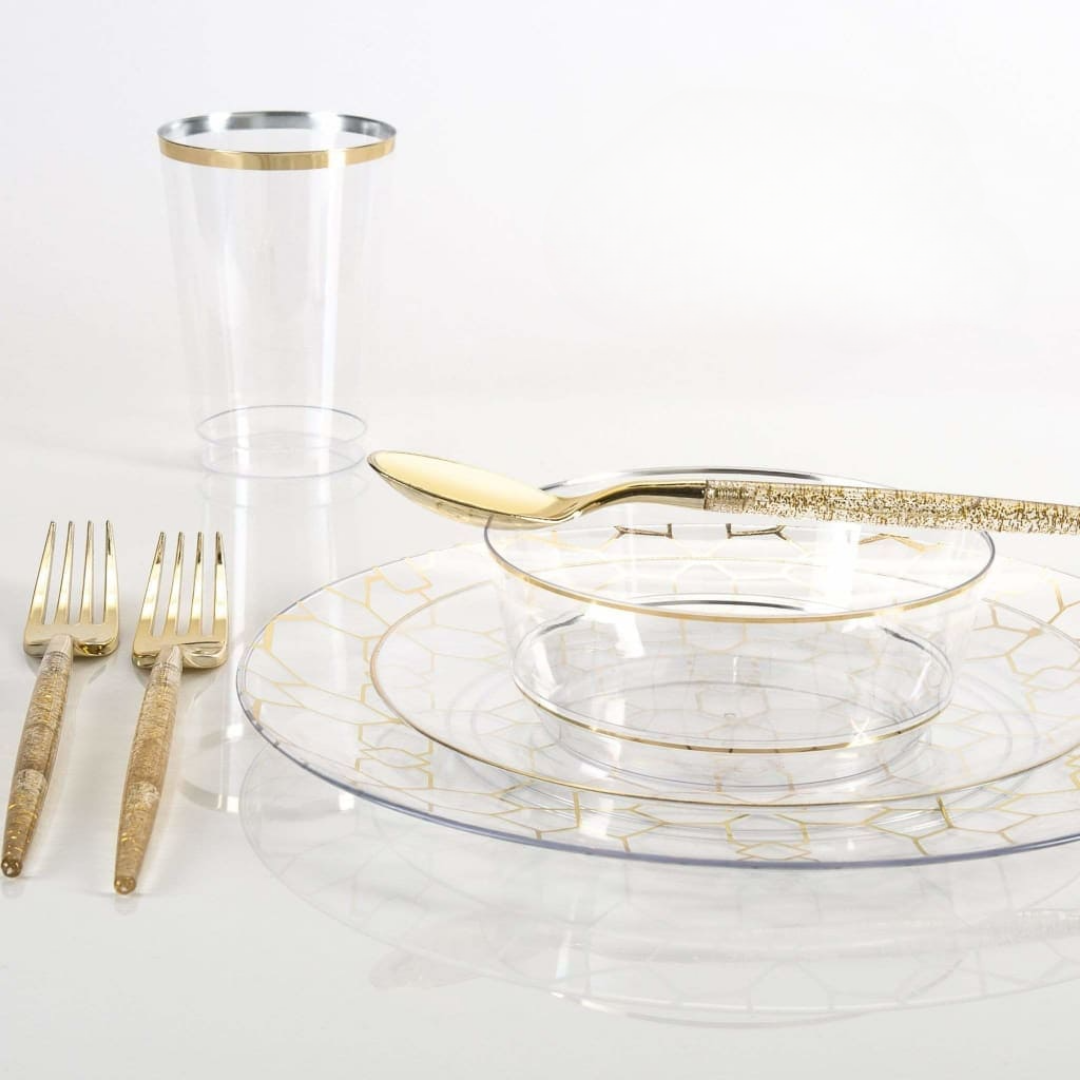 Clear Gold Rimmed Reusable Plates - 2 Sizes