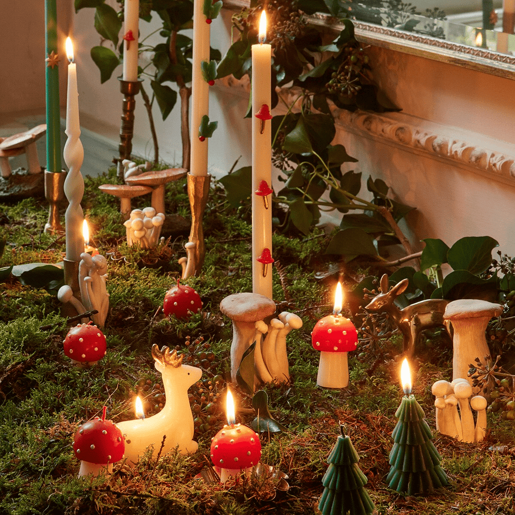 Red white mushroom candles woodland animal and tree candles for woodland theme from Parte Haus party supply store in Bethesda MD.