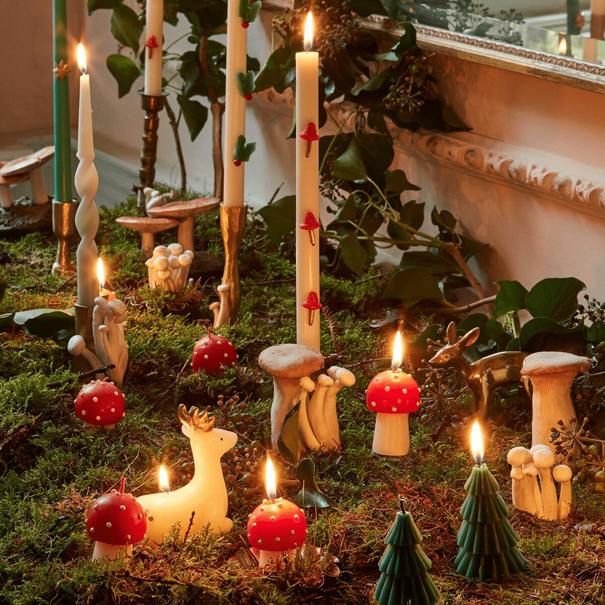 Red white mushroom candles woodland animal and tree candles for woodland theme from Parte Haus party supply store in Bethesda MD.