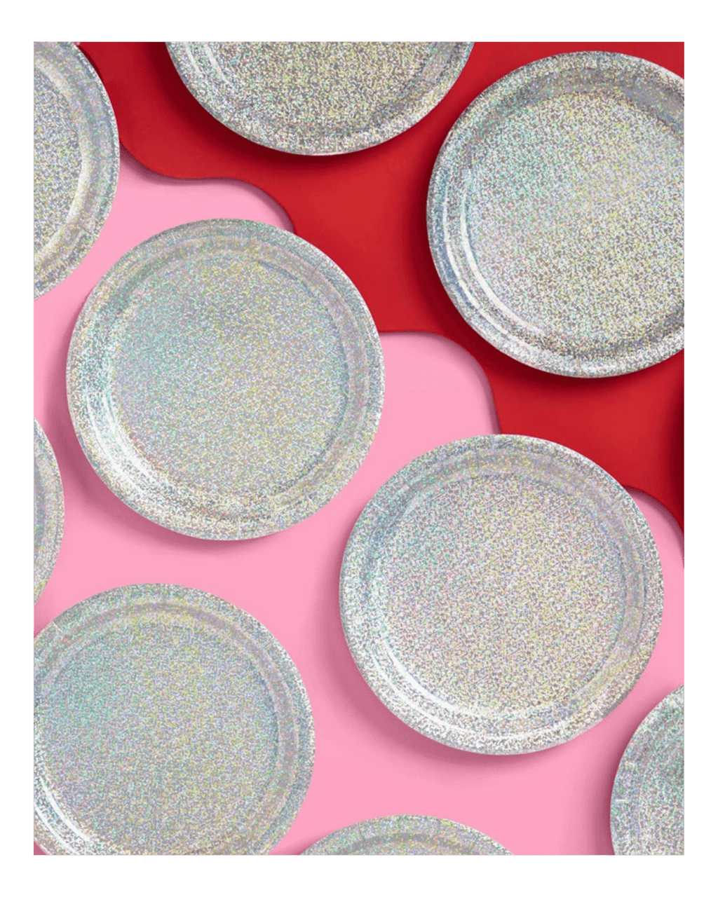 Silver holographic plates with a shimmering finish birthday celebration from Parte Haus party supply store in Bethesda MD.