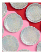 Silver holographic plates with a shimmering finish birthday celebration from Parte Haus party supply store in Bethesda MD.