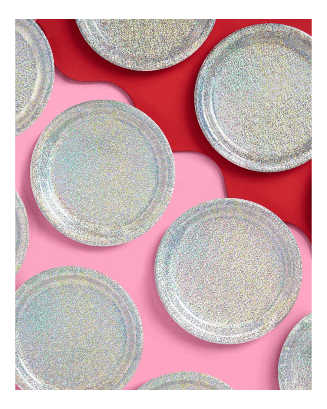 Silver holographic plates with a shimmering finish birthday celebration from Parte Haus party supply store in Bethesda MD.