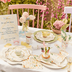 Pastel floral spring tableware Easter decorations on outdoor table from Parte Haus party supply store in Bethesda MD