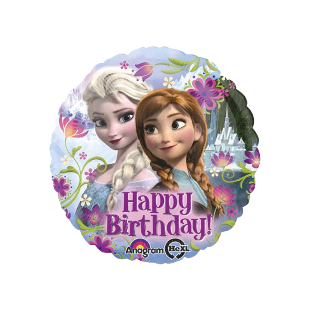 Purple and blue 18in Frozen foil balloon with Elsa and Anna and floral design for birthday parties – from Parte Haus party supply store in Bethesda, Maryland.