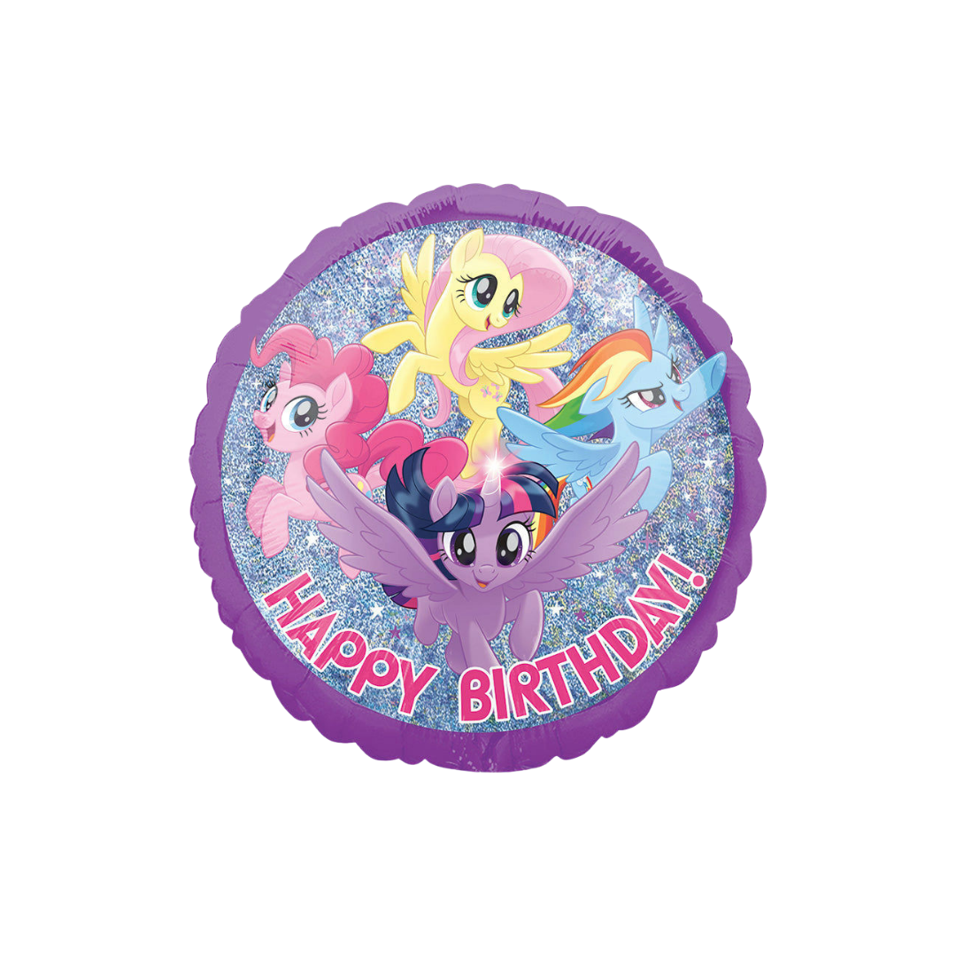 Purple and blue 18in My Little Pony happy birthday foil balloon with Twilight Sparkle, Pinkie Pie, Fluttershy, and Rainbow Dash – from Parte Haus party supply store in Bethesda, MD.