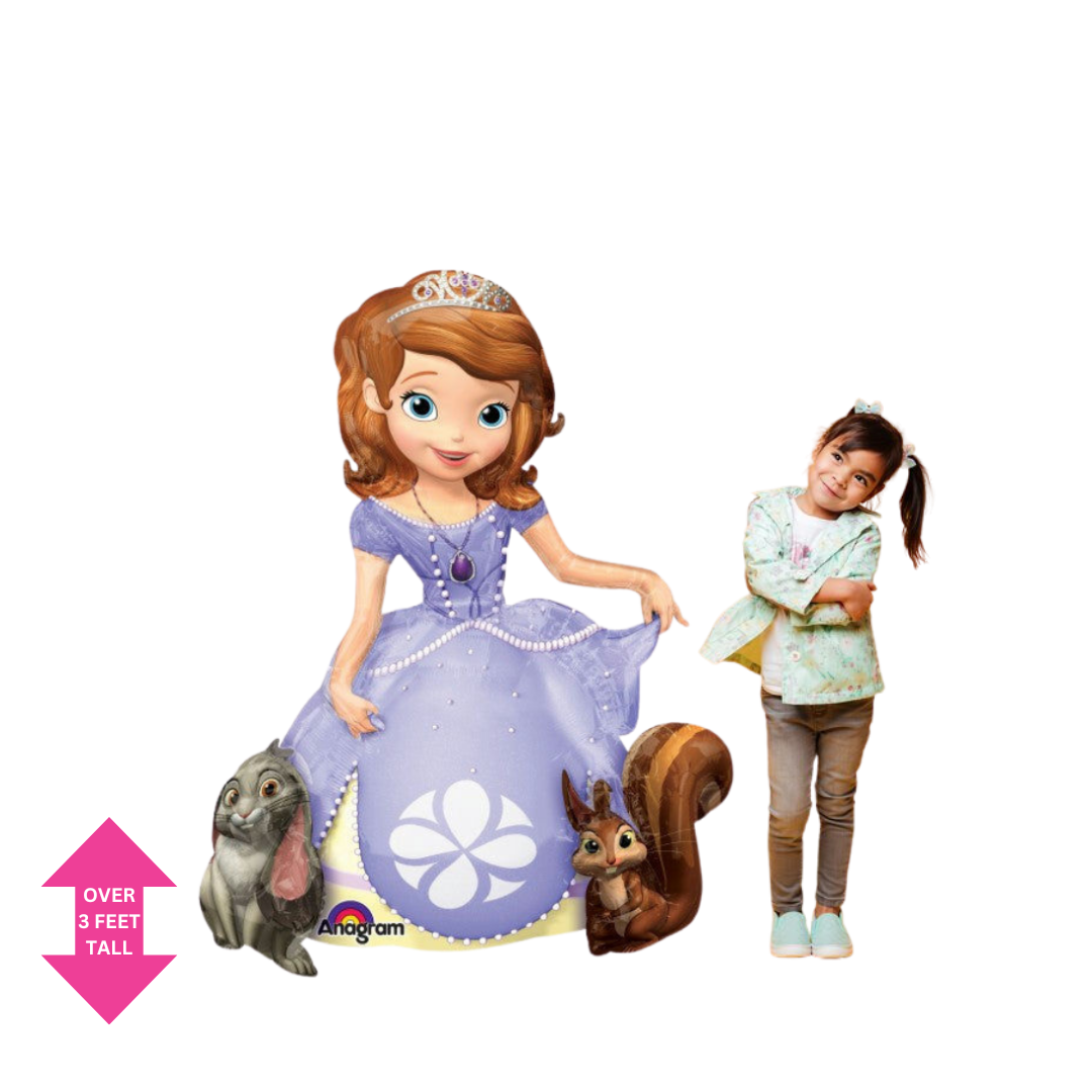 Purple foil balloon shaped like Sofia the First with animals birthday theme from Parte Haus party supply store in Bethesda Maryland
