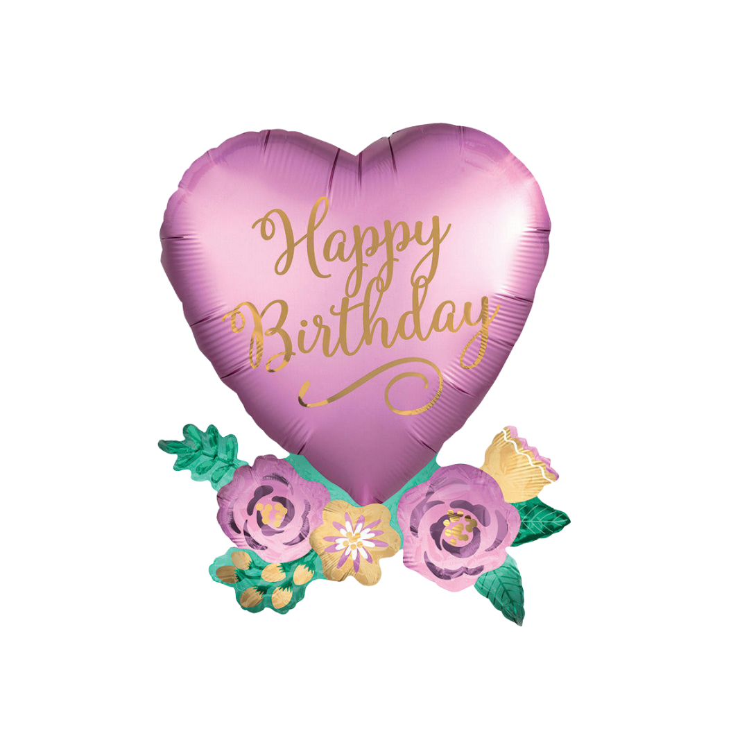 Purple and gold 30in heart Happy Birthday foil balloon with floral accents for party décor from Parte Haus in Bethesda, Maryland.