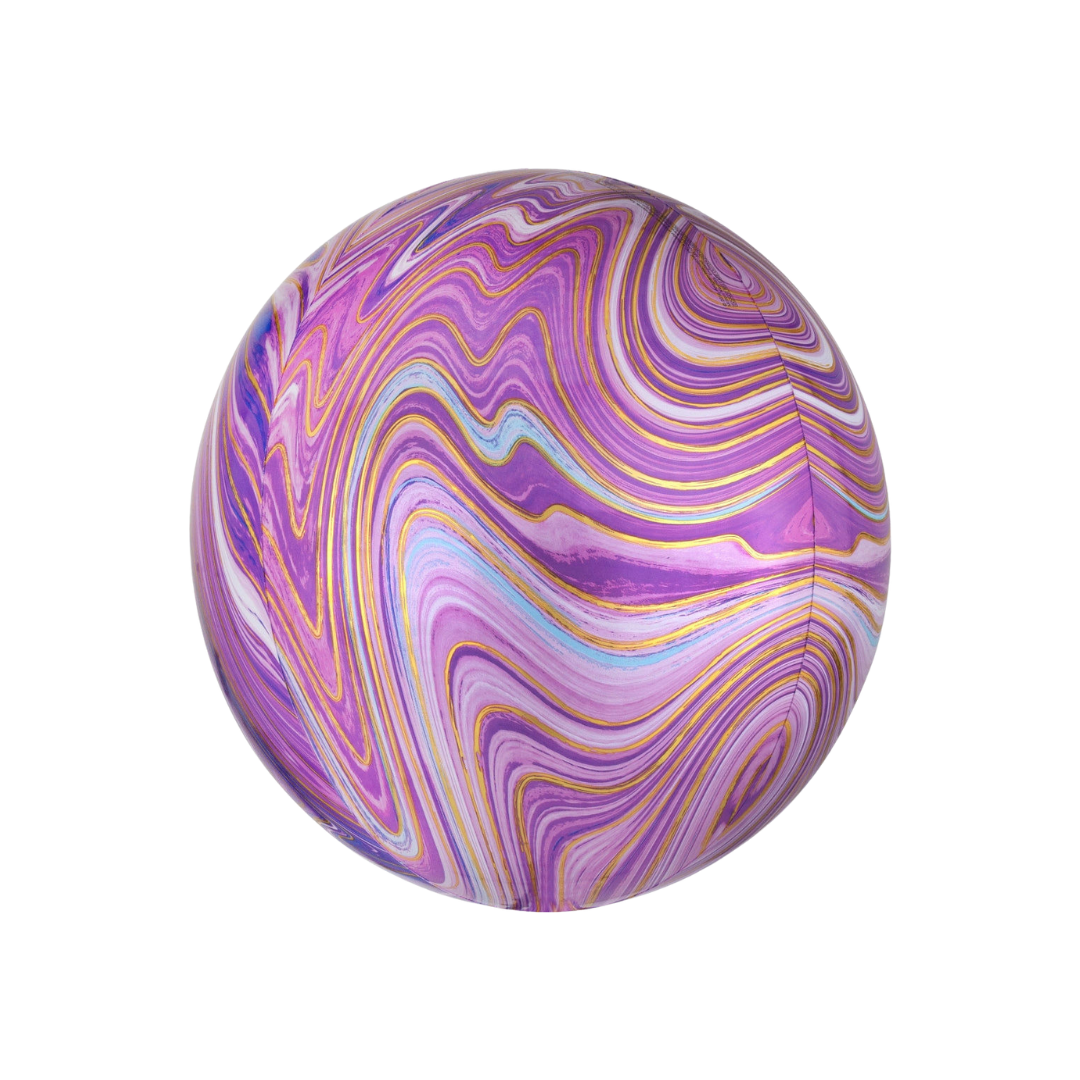 Purple and gold 16in marble orbz foil balloon for birthday and bachelorette parties – from Parte Haus party supply store in Bethesda, MD.
