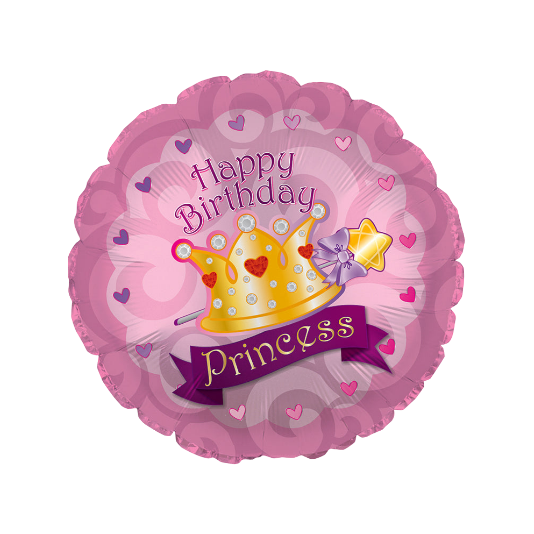 Purple and gold 17in princess crown happy birthday foil balloon with hearts and wand – from Parte Haus party supply store in Bethesda, Maryland.