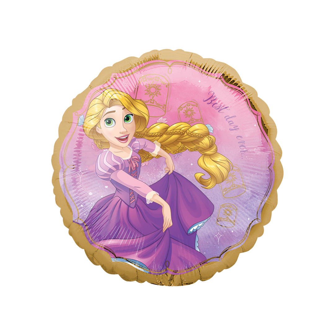 Purple and gold 18in Rapunzel Tangled foil balloon with lanterns for birthday parties – from Parte Haus party supply store in Bethesda, Maryland.