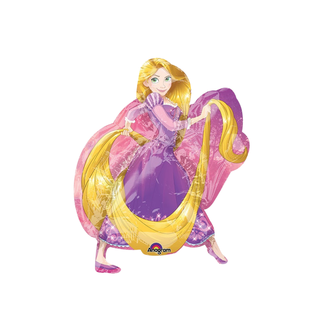 Purple gold Rapunzel foil balloon with flowing hair birthday theme from Parte Haus party supply store in Bethesda MD