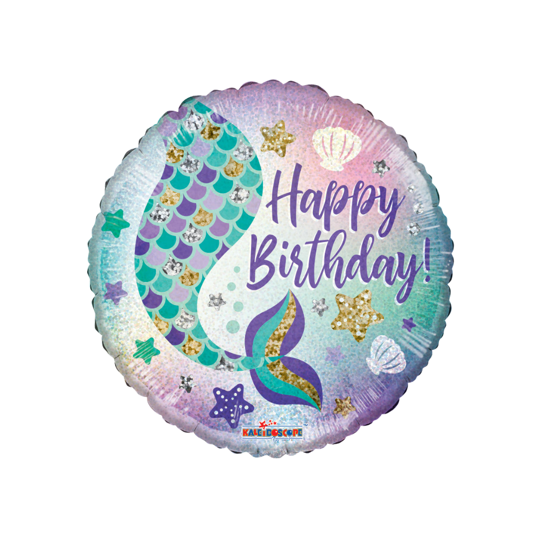 Purple teal holographic mermaid tail foil balloon with Happy Birthday from Parte Haus party supply store in Bethesda MD