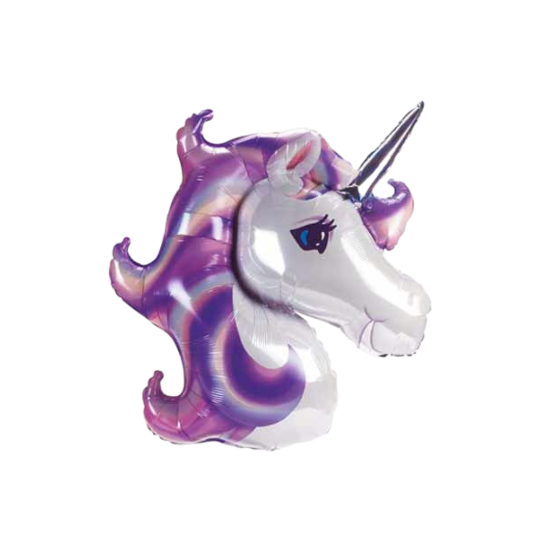 Purple and white 28in unicorn birthday foil balloon with silver horn and rainbow mane – from Parte Haus party supply store in Bethesda, MD.