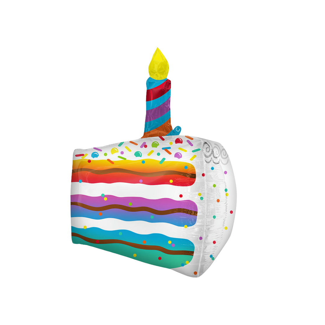 Rainbow 25in cake slice sprinkles birthday foil balloon with candle design – from Parte Haus party supply store in Bethesda, Maryland.