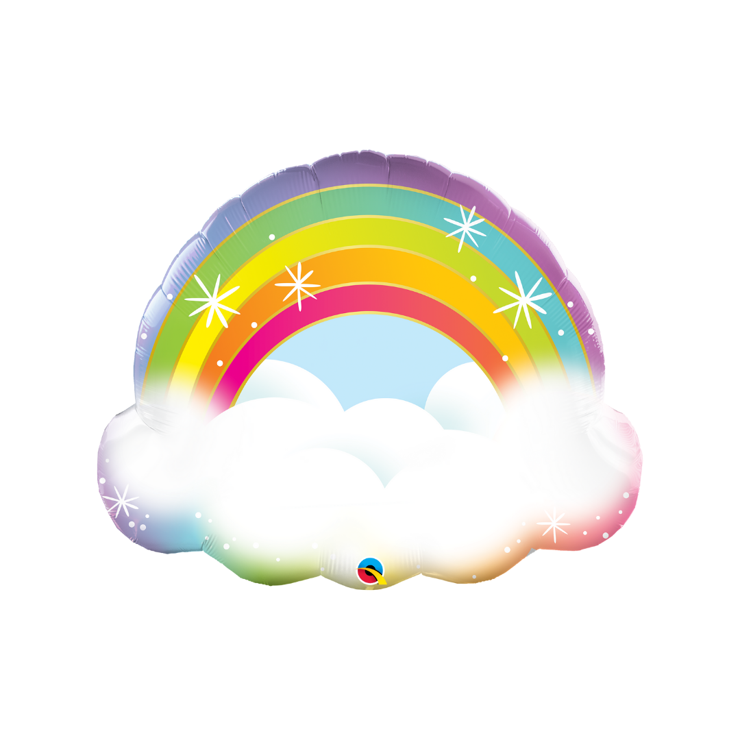 Rainbow clouds foil balloon with bright stars birthday theme from Parte Haus party supply store in Bethesda Maryland