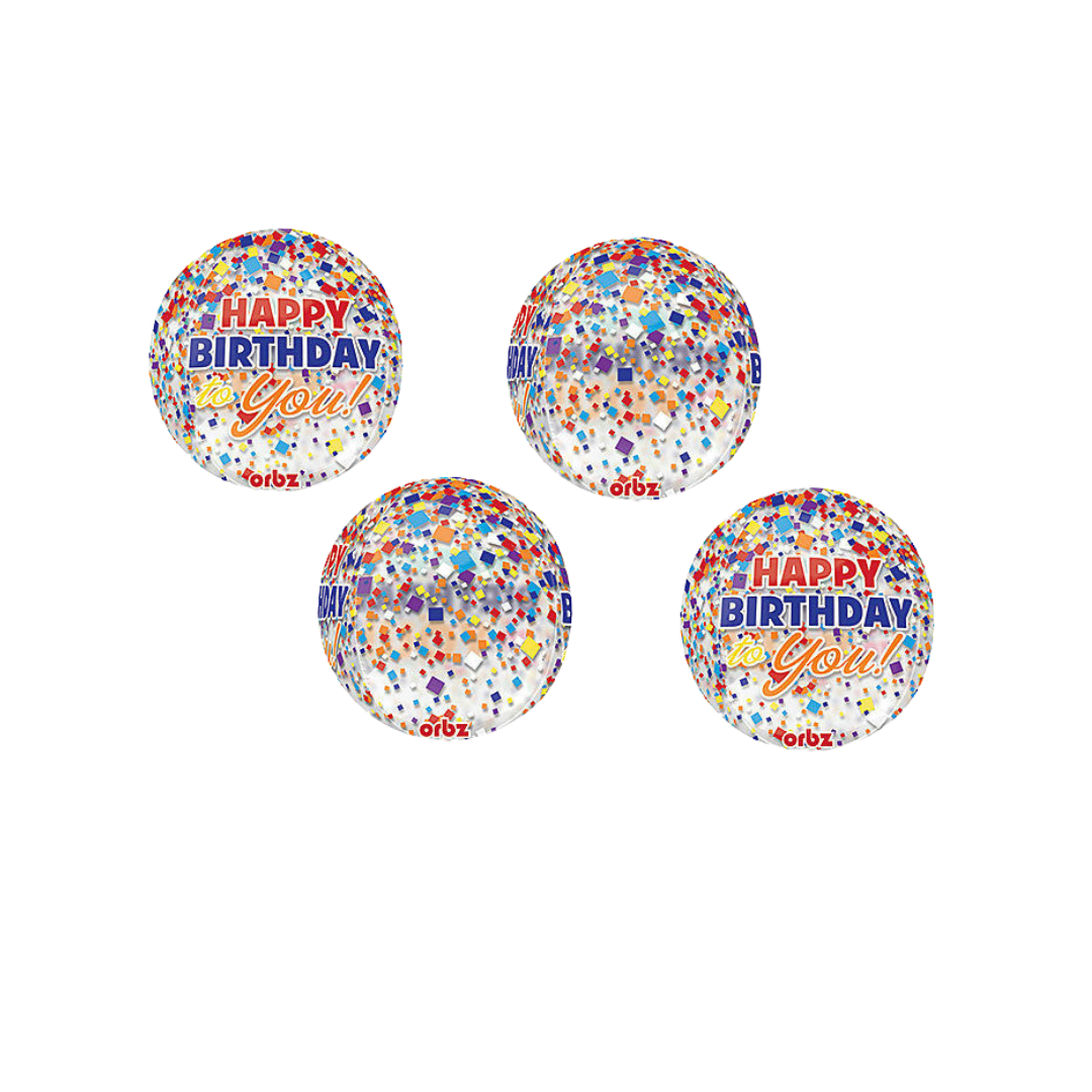 Rainbow confetti orbz foil balloon with Happy Birthday message birthday theme from Parte Haus party supply store in Bethesda MD