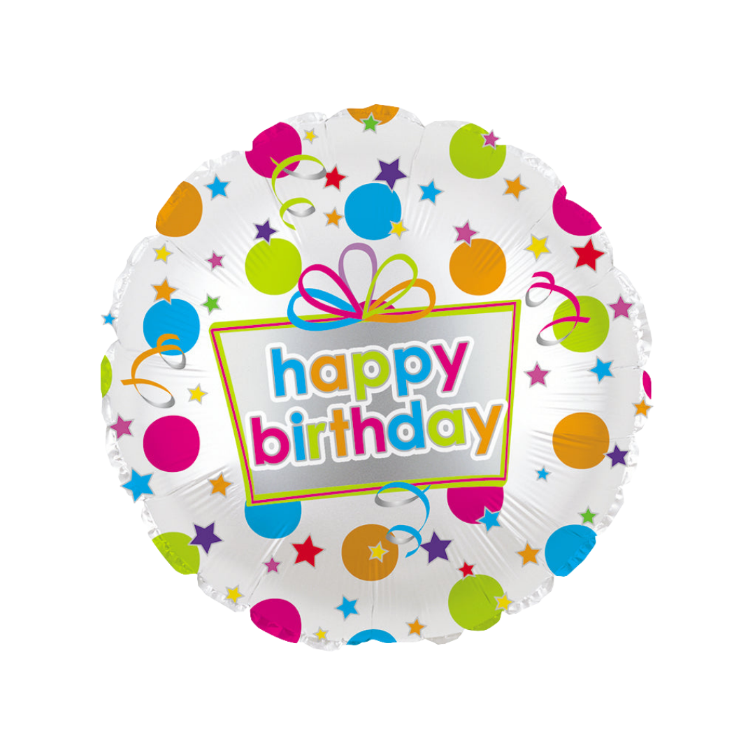 Rainbow dots foil balloon with colorful stars and happy birthday text birthday theme from Parte Haus party supply store in Bethesda MD