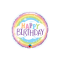 Rainbow foil balloon with happy birthday text and cloud birthday theme from Parte Haus party supply store in Bethesda MD