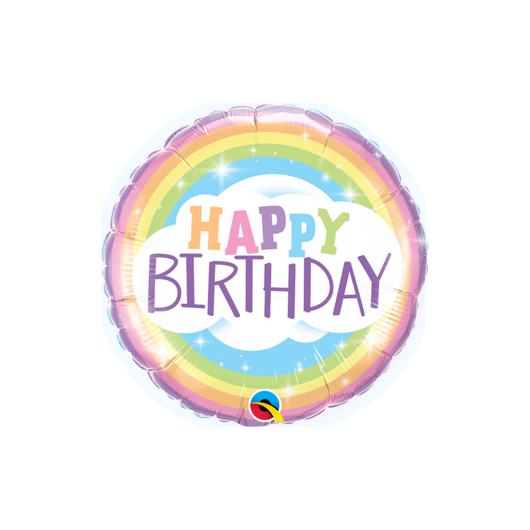 Rainbow foil balloon with happy birthday text and cloud birthday theme from Parte Haus party supply store in Bethesda MD