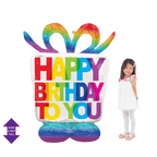 Rainbow giant birthday gift box foil balloon with colorful bow for birthday celebration from Parte Haus party supply store in Bethesda Maryland