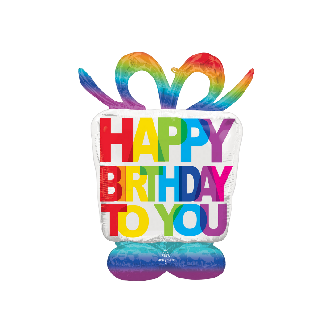 Life-size 50in rainbow Happy Birthday giftbox balloon perfect for birthday parties, photos, and colorful celebrations.