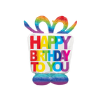 Rainbow gift box foil balloon with bow happy birthday theme from Parte Haus party supply store in Bethesda Maryland