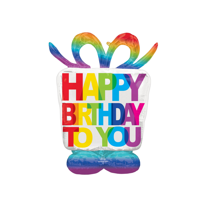 Life-size 50in rainbow Happy Birthday giftbox balloon perfect for birthday parties, photos, and colorful celebrations.