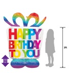 Rainbow giftbox foil balloon with happy birthday text birthday theme from Parte Haus party supply store in Bethesda Maryland